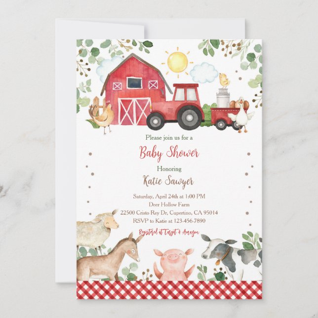 Invitación Ducha de bebé de animales de granja y tractor neut (Anverso)