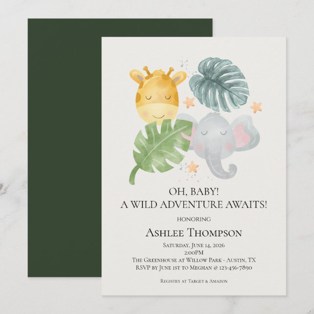 Invitación Ducha de Bebé de Animales de la Jungla en Acuarela (Anverso / Reverso)