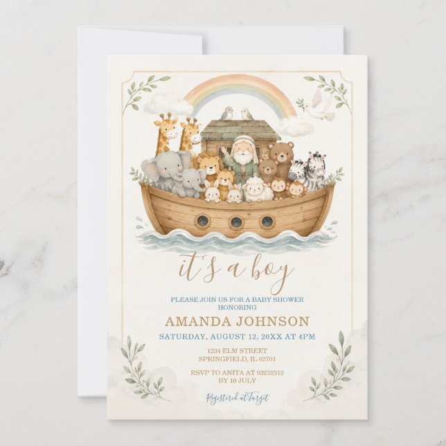 Invitación Ducha de Bebé de Animales del Arca de Acuarela (Anverso)