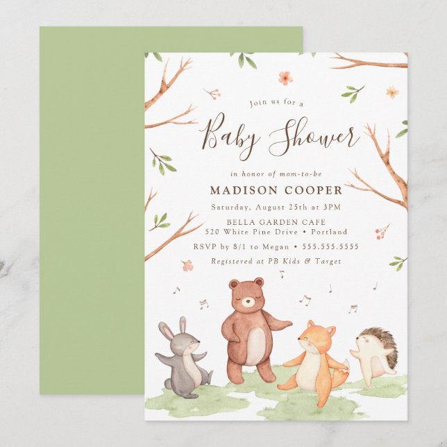 Invitación Ducha de Bebé de Animales del Bosque Bailando (Anverso / Reverso)