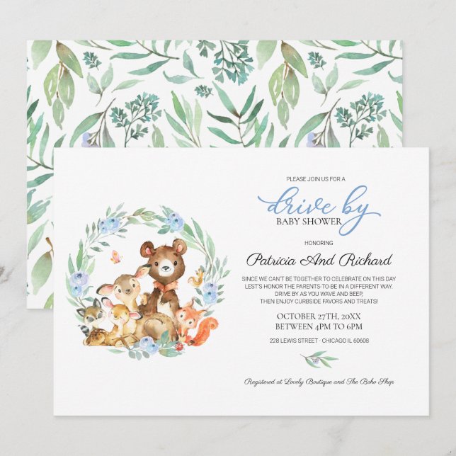 Invitación Ducha de Bebé de Animales del Bosque con Vegetació (Anverso / Reverso)