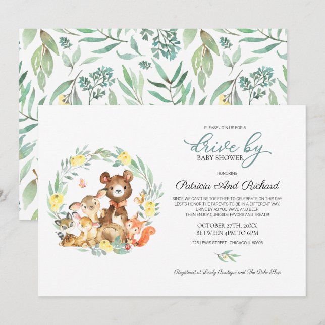 Invitación Ducha de Bebé de Animales del Bosque con Vegetació (Anverso / Reverso)