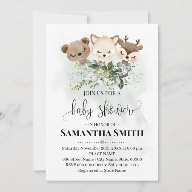 Invitación Ducha de bebé de animales silvestres Woodland Anim (Anverso)