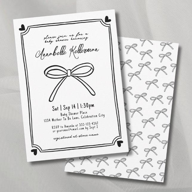 Invitación Ducha de Bebé de Arco Dibujado a Mano Caprichoso (Whimsical Hand Drawn Bow Baby Shower Invitation)
