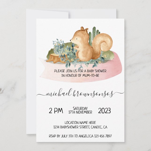 Invitación Ducha de Bebé de Ardilla Tropical (Anverso)