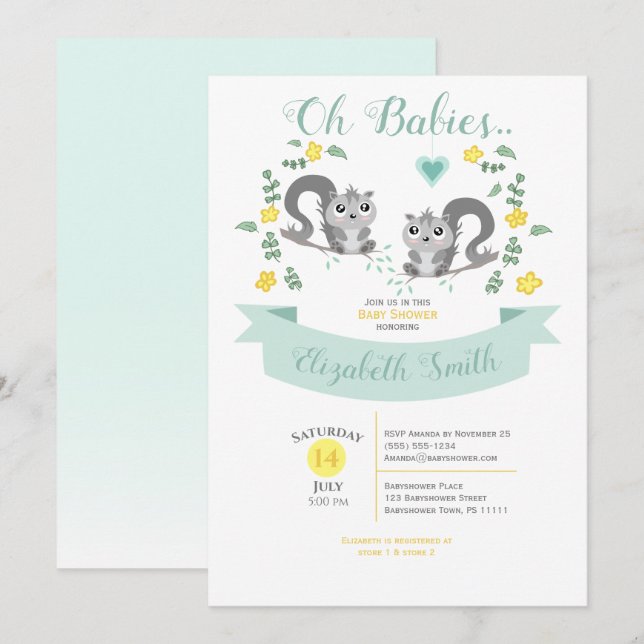 Invitación Ducha de bebé de ardillas Twin Cute neutra de géne (Anverso / Reverso)