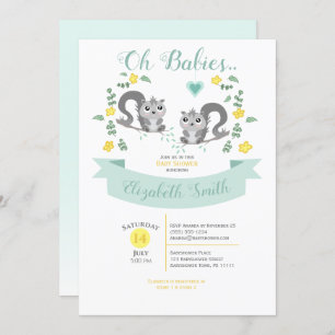 Invitación Ducha de bebé de ardillas Twin Cute neutra de géne