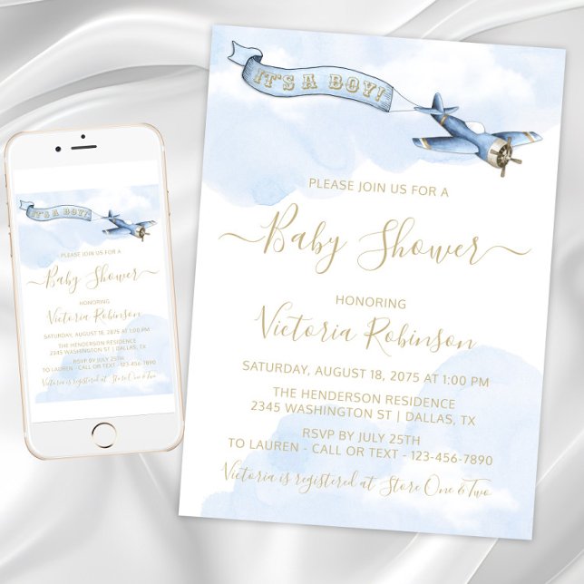 Invitación Ducha de bebé de avión antiguo para niño (Baby blue and gold vintage airplane invitations. Instant download and printed invitations available.)