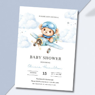 Invitación Ducha de bebé de avión de osito de acuarela