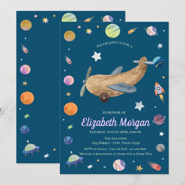 Invitación Ducha de bebé de avión galaxia espacio exterior  (Anverso / Reverso)