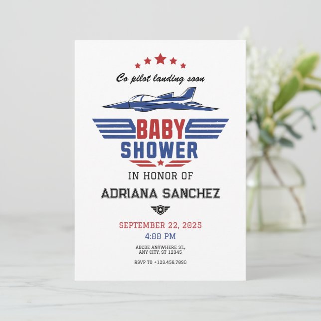 Invitación Ducha de bebé de avión piloto (Anverso de pie)