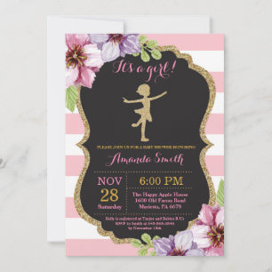 Invitación Ducha de bebé de bailarina con brillo rosa y dorad