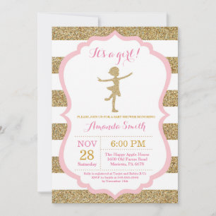 Invitación Ducha de bebé de bailarina rosa y brillo dorado