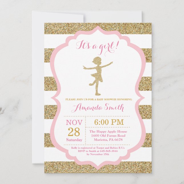 Invitación Ducha de bebé de bailarina rosa y brillo dorado (Anverso)