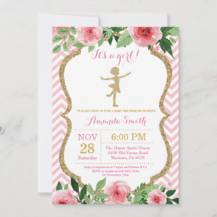 Invitación Ducha de bebé de bailarina rosa y brillo dorado