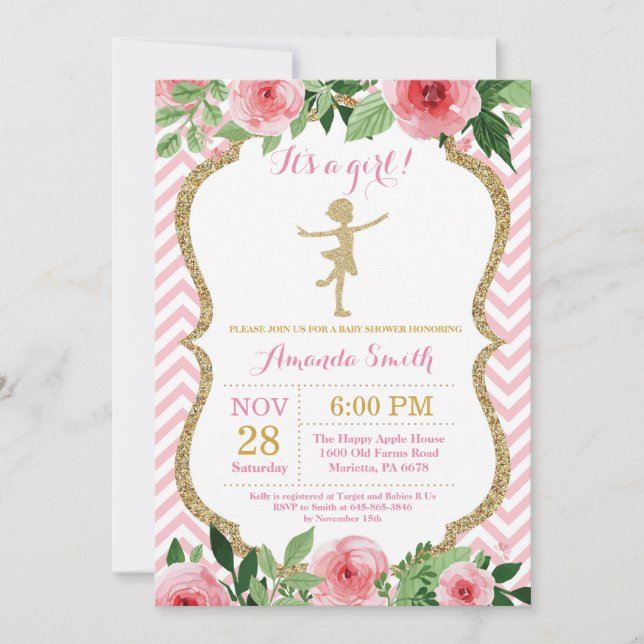 Invitación Ducha de bebé de bailarina rosa y brillo dorado (Anverso)