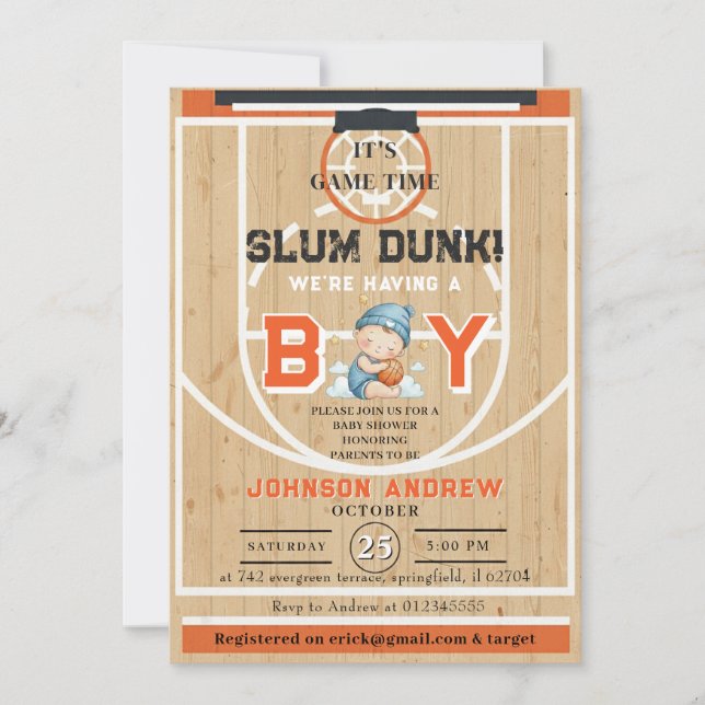 Invitación Ducha de Bebé de Baloncesto Personal Slam Dunk (Anverso)