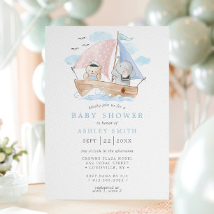 Invitación Ducha de bebé de barco de acuarela de elefante náu