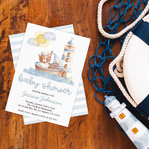 Invitación Ducha de bebé de barco de acuarela de oso náutico