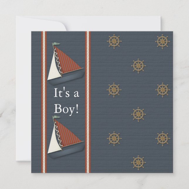 Invitación Ducha de bebé de barco de vela azul marino y blanc (Anverso)