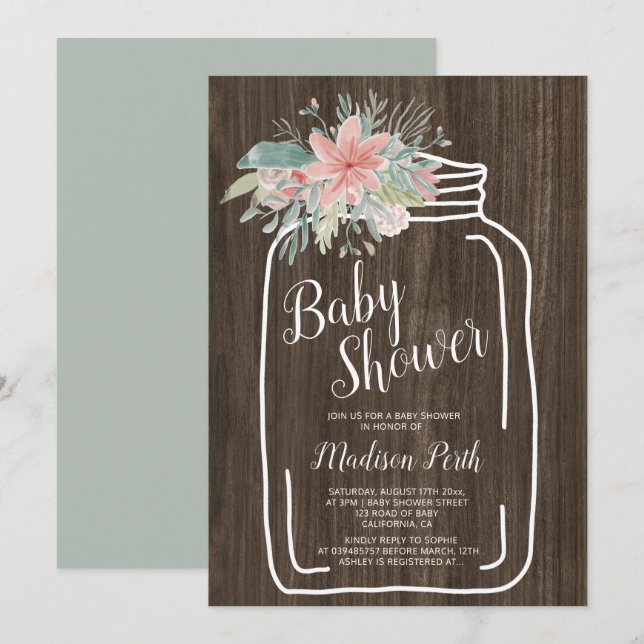 Invitación Ducha de bebé de barril de albañil floral de mader (Anverso / Reverso)