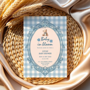 Invitación ducha de bebé de bebé en flor teddy azul a cuadros