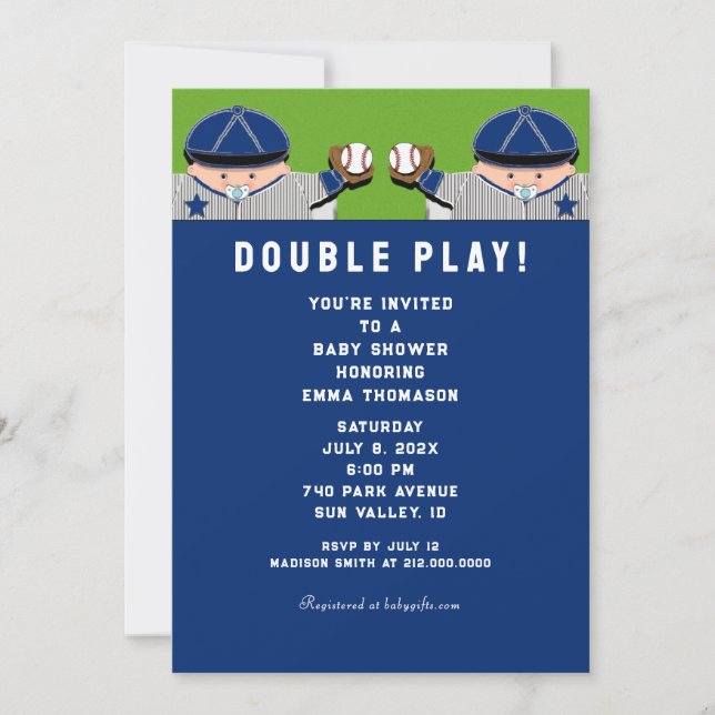 Invitación Ducha de bebé de béisbol de gemelos (Anverso)