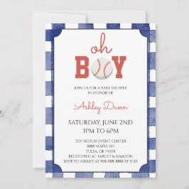 Invitación Ducha de bebé de béisbol de gingham azul