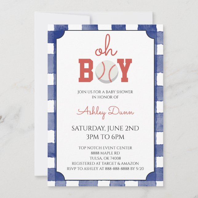 Invitación Ducha de bebé de béisbol de gingham azul (Anverso)