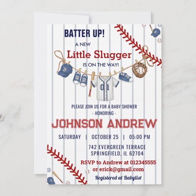 Invitación Ducha de bebé de béisbol personalizada Batter up (Anverso)