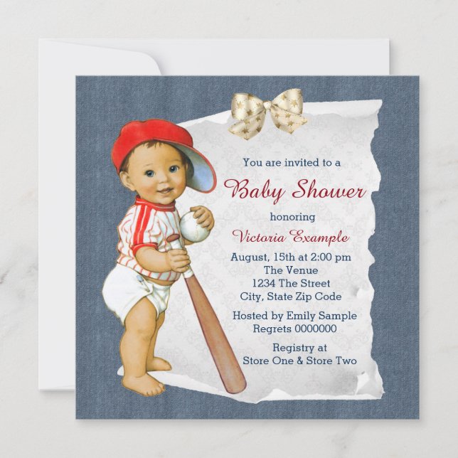 Invitación Ducha de bebé de béisbol rojo y azul (Anverso)