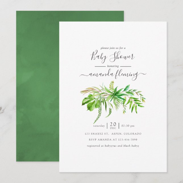 Invitación Ducha de bebé de bosque de acuarela verde (Anverso / Reverso)