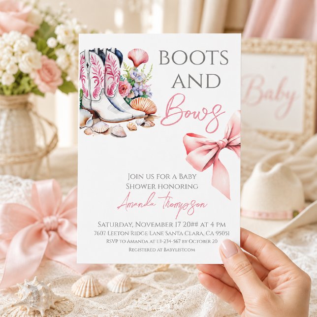 Invitación Ducha de Bebé de Botas y Lazos Rosa Occidental (Subido por el creador)