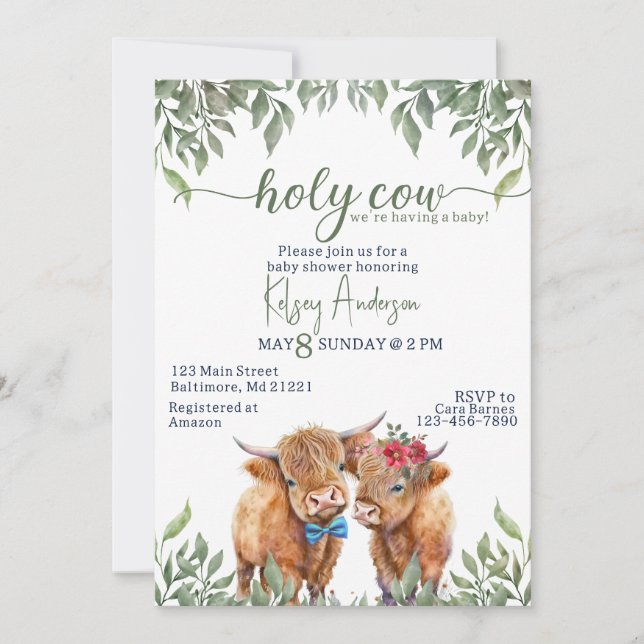 Invitación ducha de bebé de bovino de montaña (Anverso)