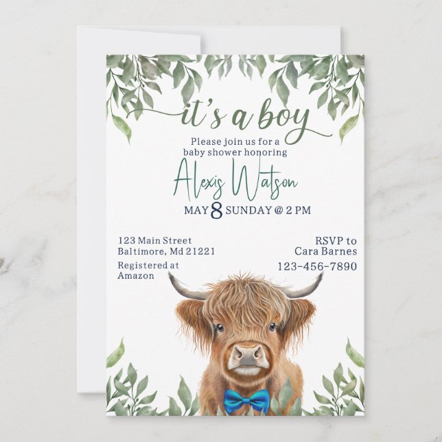 Invitación ducha de bebé de bovino de montaña (Anverso)