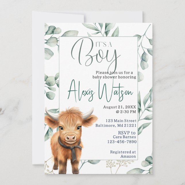 Invitación ducha de bebé de bovino de montaña (Anverso)