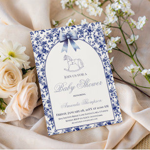 Invitación Ducha de bebé de caballo de balancín de azul toile