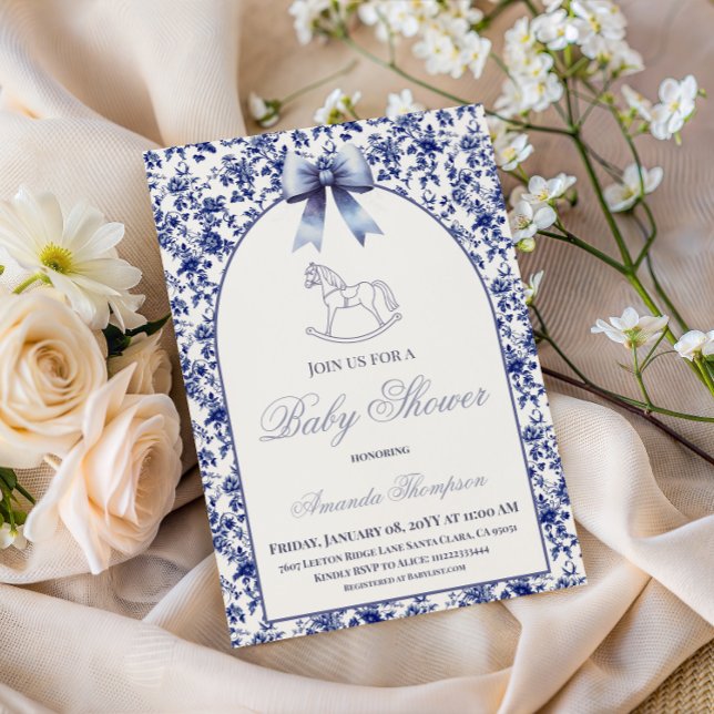 Invitación Ducha de bebé de caballo de balancín de azul toile (Subido por el creador)