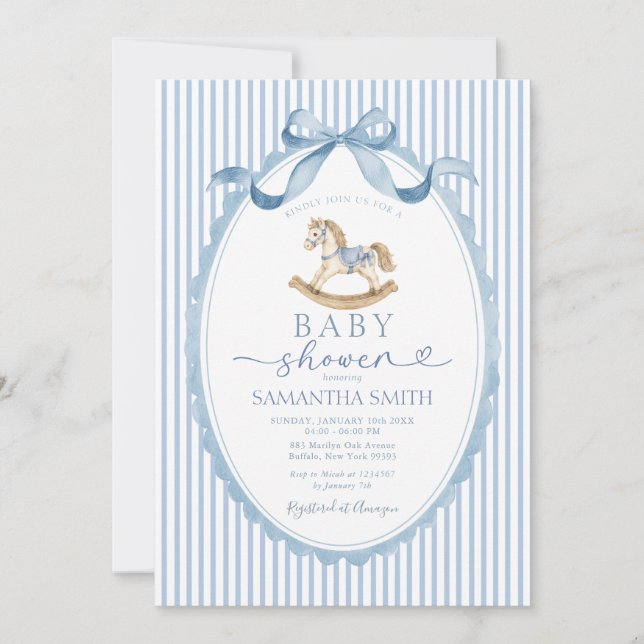 Invitación Ducha de bebé de caballo mecedor de rayas azules (Anverso)