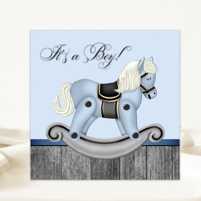 Invitación Ducha de bebé de caballo mecedora negro y azul (Sweet rocking horse baby shower invitation. Simply add your event details.)