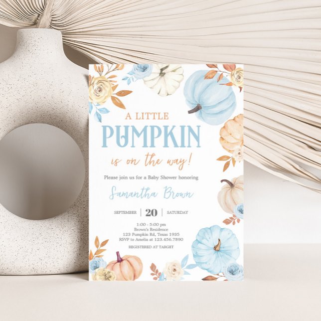 Invitación Ducha de bebé de calabacita azul otoñal (Boy Little Pumpkin Fall Baby Shower Invitation)