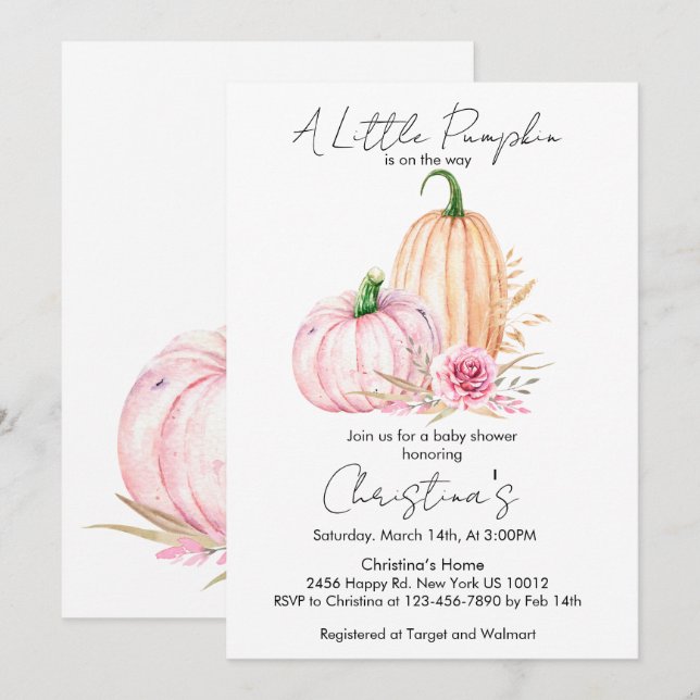 Invitación Ducha de bebé de calabaza boho acuarela (Anverso / Reverso)