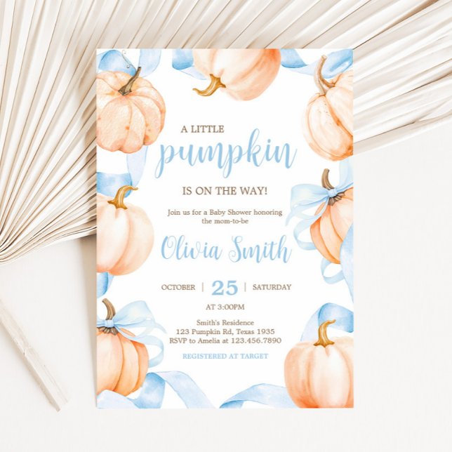 Invitación Ducha de bebé de calabaza con lazo azul (Blue Bow Pumpkin Baby Shower invitation)