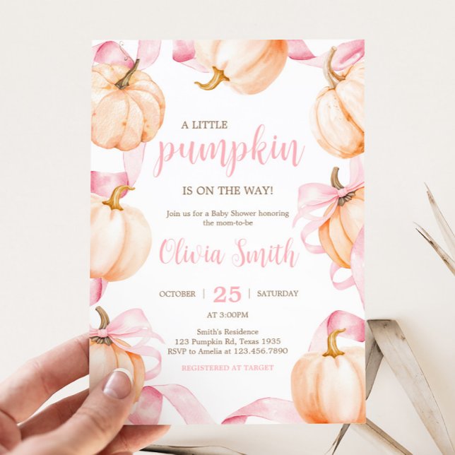 Invitación Ducha de bebé de calabaza con lazo rosa (Pink Bow Pumpkin Baby Shower Invitation)