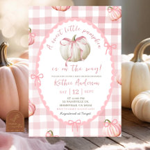 Ducha de bebé de calabaza con lazo rosa a cuadros