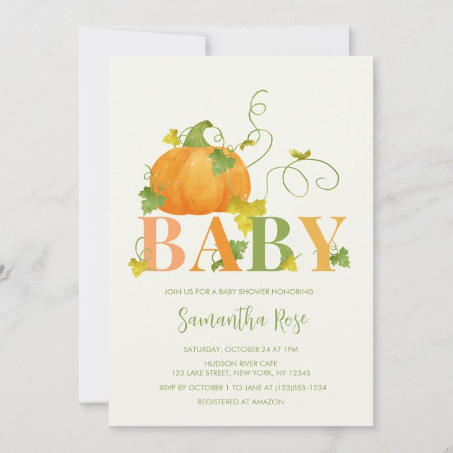 INVITACIÓN DUCHA DE BEBÉ DE CALABAZA DE OTOÑO RÚSTICA (Anverso)