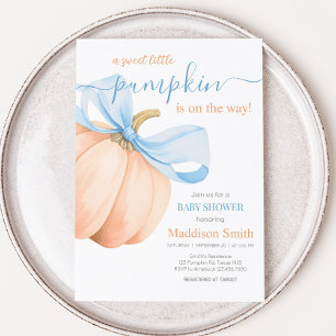 Invitación Ducha de bebé de calabaza naranja con lazo azul