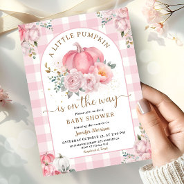 Invitación Ducha de bebé de calabaza niña gingham rosa otoño