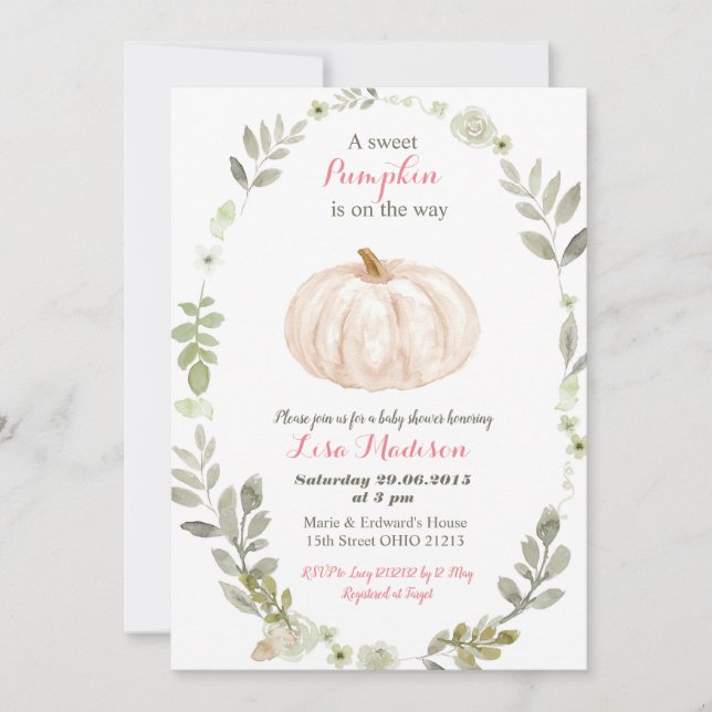 Invitación Ducha de bebé de calabaza verde floral (Anverso)