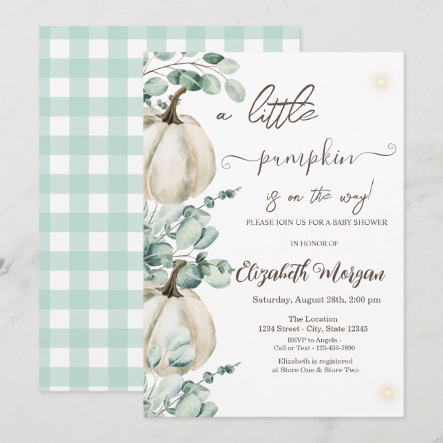 Invitación Ducha de bebé de calabazas blancas y verdor   (Anverso / Reverso)